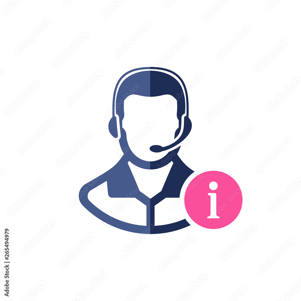 Support icon with information sign. Customer service agent with headset icon and about, faq, help, hint symbol Support icon with information sign. Customer service agent with headset icon and about, faq, help, hint symbol