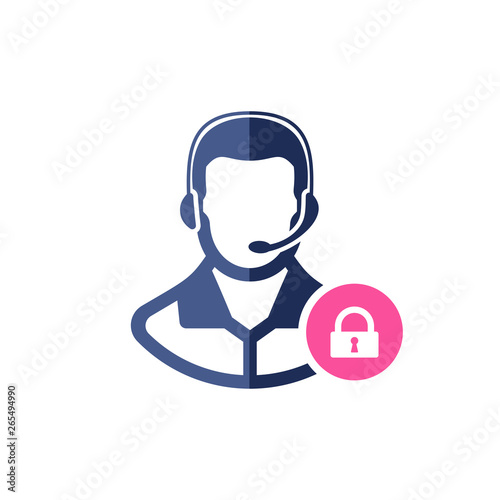 Support icon with padlock sign. Customer service agent with headset icon and security, protection, privacy symbol