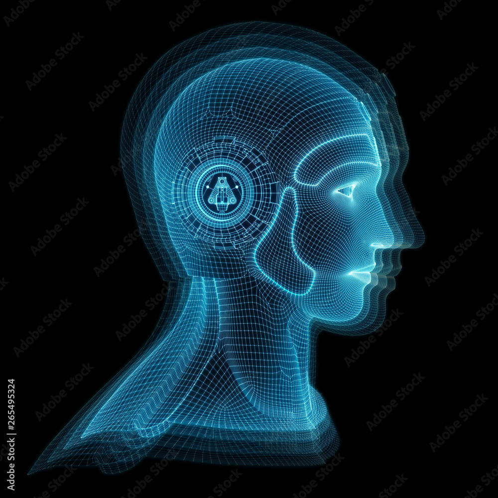Obraz premium Wireframed robotic man head representing artificial intelligence 3D rendering