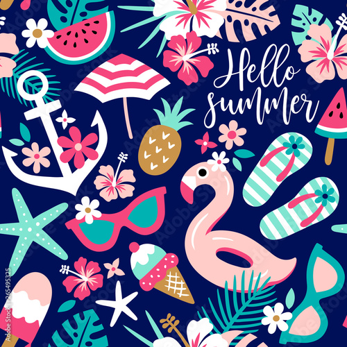 Summer themed seamless vector pattern with tropical flowers and beach accessoires. Perfect for fabric, wallpaper or wrapping paper.