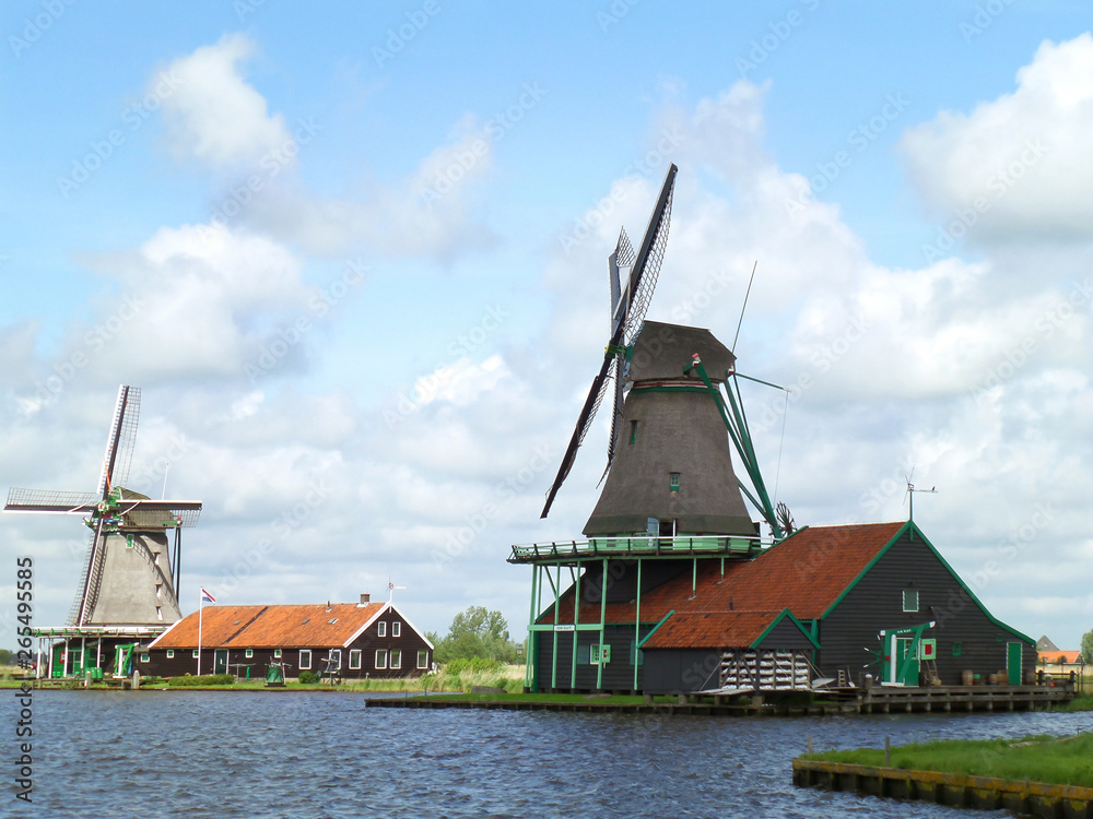 Well Preserved Traditional Dutch Windmills and Houses in Zaanse Schans, Zaandam, Netherlands