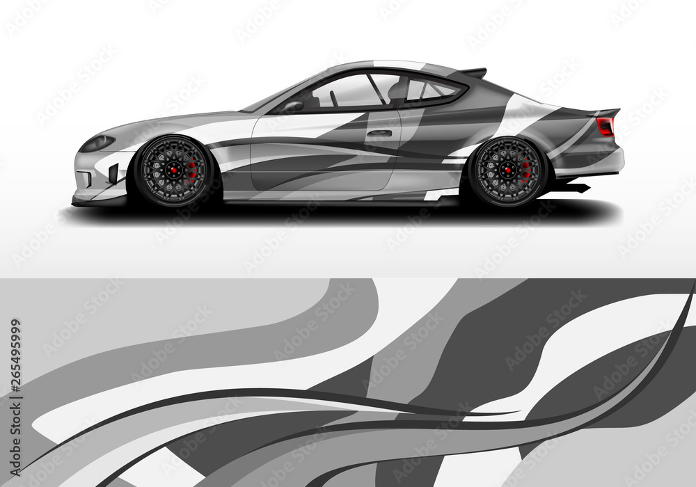 Obraz premium Car wrap graphic vector. Abstract stripe racing background kit designs for wrap vehicle, race car, rally, adventure and livery
