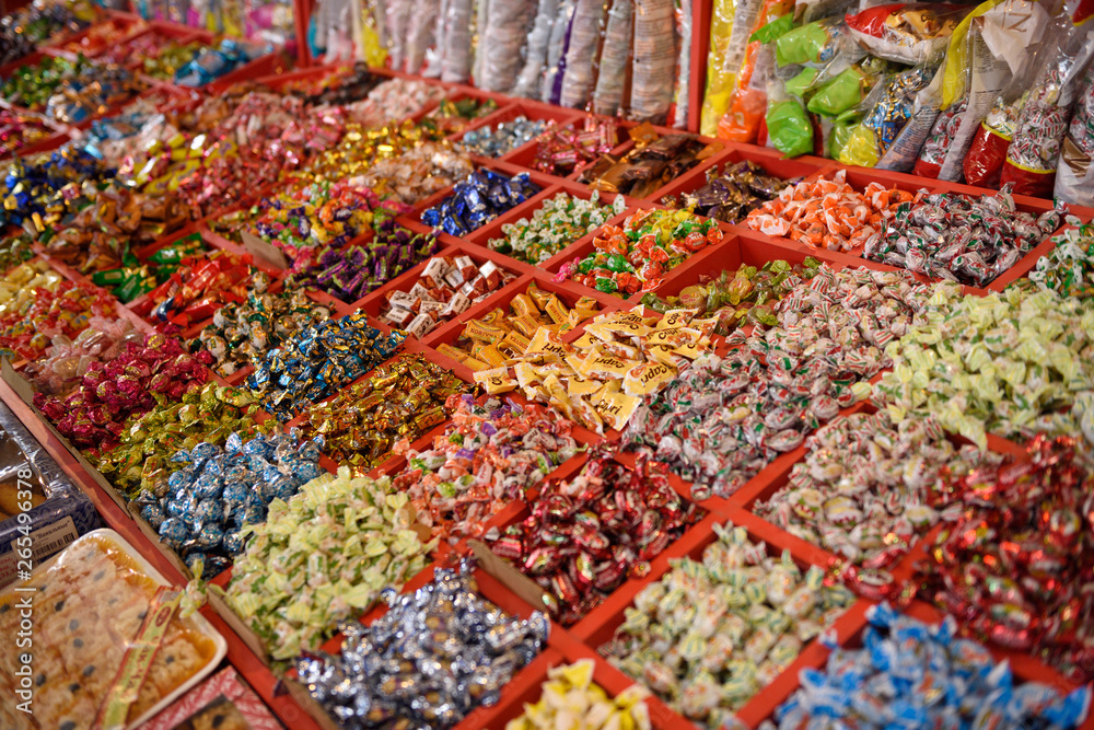 Assorted candies on display at Shymkent Market Kazakhstan