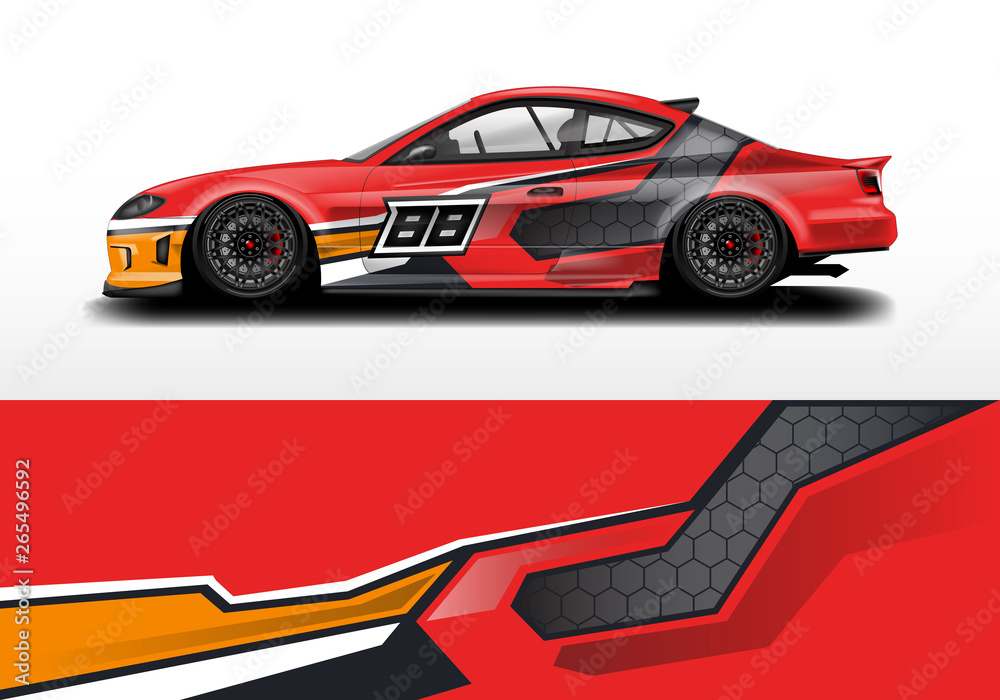 Car wrap graphic vector. Abstract stripe racing background kit designs for wrap vehicle, race car, rally, adventure and livery