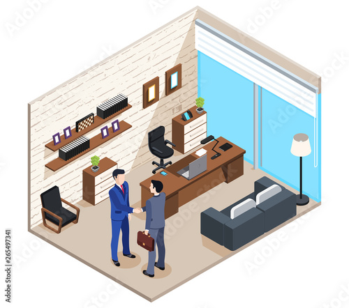 isometric vector image of office, people in business suits shaking hands, office room interior