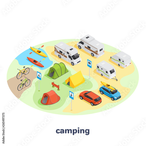 isometric vector image on a white background, set of elements on the theme of camping and transport for tourism, cars and bicycles