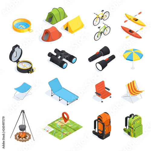 isometric vector image on a white background, set of elements on the theme of camping and tourism, backpacks and bicycles