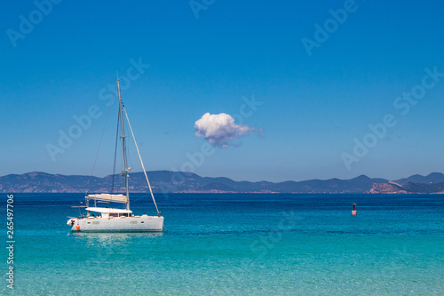 Impressive sea view  the amazing colors of the mediterranean sea in La Sabina  Formentera Island  Baleares  Spain