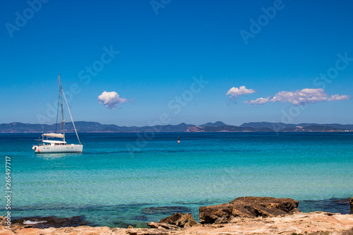 Impressive sea view  the amazing colors of the mediterranean sea in La Sabina  Formentera Island  Baleares  Spain