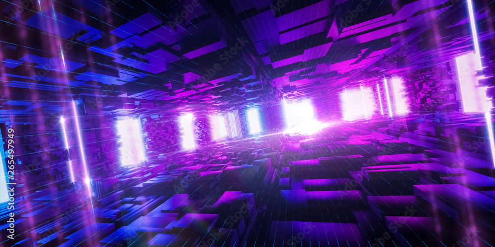 Abstract urban background, big data, geometric structure, cyber safety, quantum computer, storage, virtual reality, futuristic pink blue neon light. 3d rendering