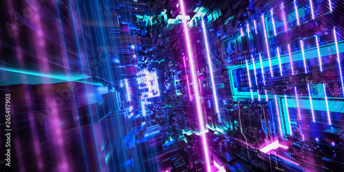 Abstract urban background, big data, geometric structure, cyber safety, quantum computer, storage, virtual reality, futuristic pink blue neon light. 3d rendering © origami88