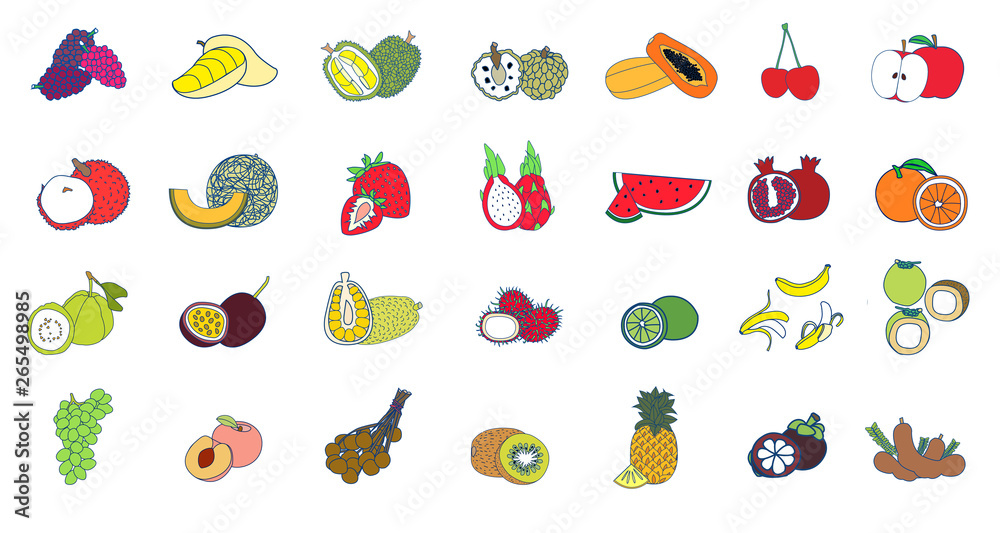 Naklejka owoc i warzywo ustawia odosobnionego na białym tle, ilustracja