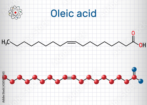 Oleic acid ( cis, omega-9) molecule. Structural chemical formula and molecule model. Sheet of paper in a cage