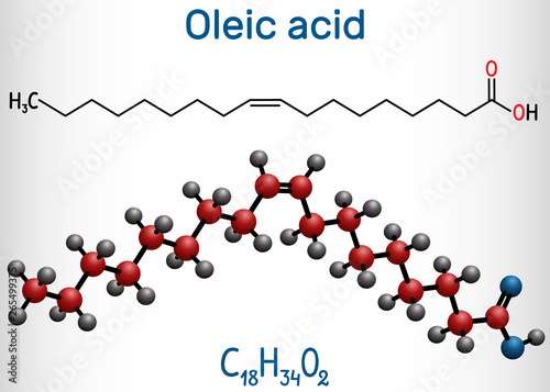 Oleic acid ( cis, omega-9) molecule. Structural chemical formula and molecule model