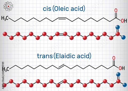 Oleic acid (cis ) and elaidic acid (trans), omega-9 fatty acids are geometric isomers. Structural chemical formula and molecule model. Sheet of paper in a cage