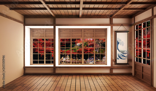 Beautiful empty room with decoration japanese style and view forest japan. 3D rendering