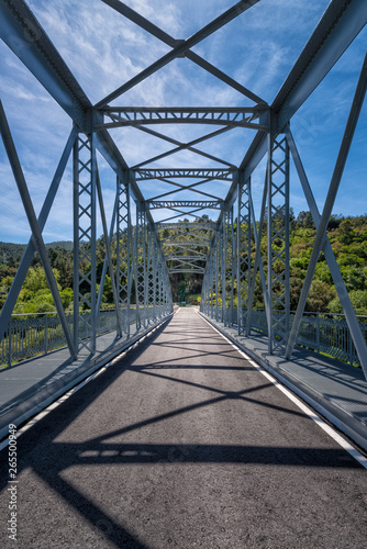 armor bridge seen from the inside with blue sky and green nature