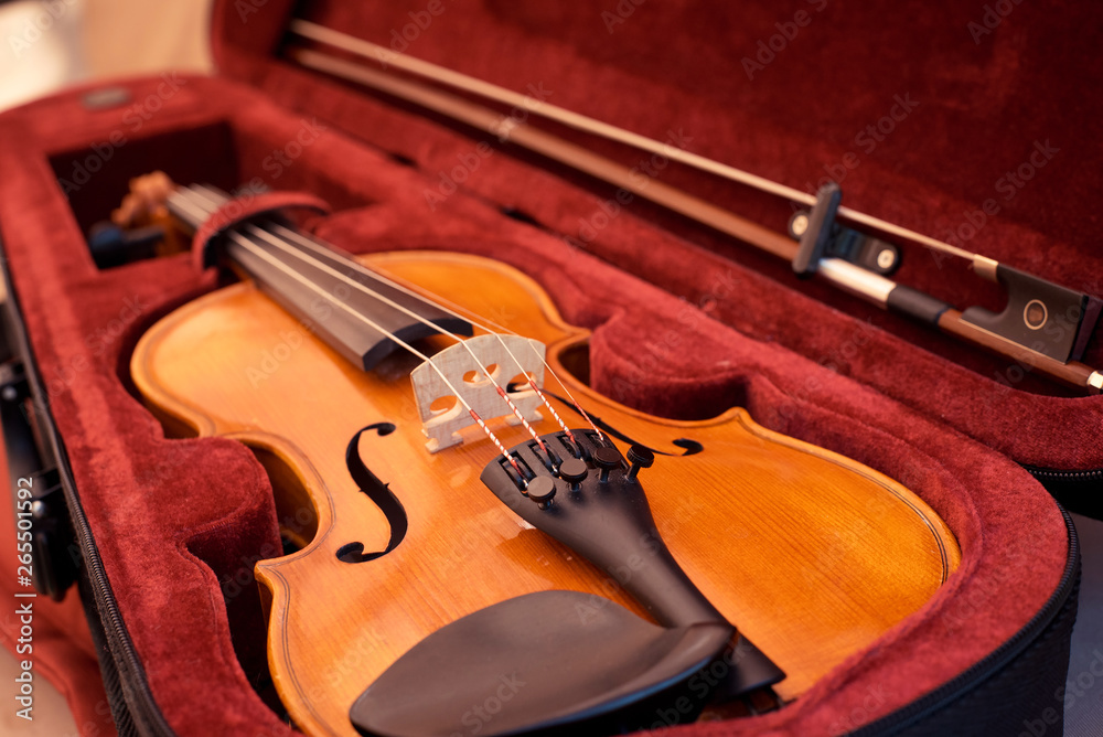 Violin and bow in dark red case. Close up view of a violin strings and bridge Violin and bow in dark red case. Close up view of a violin strings and bridge