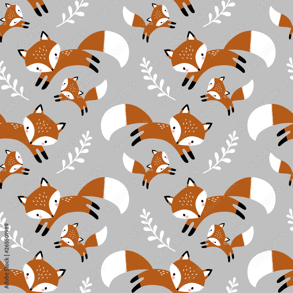 Seamless vector pattern with cute hand drawn foxes and leaves. Perfect ...