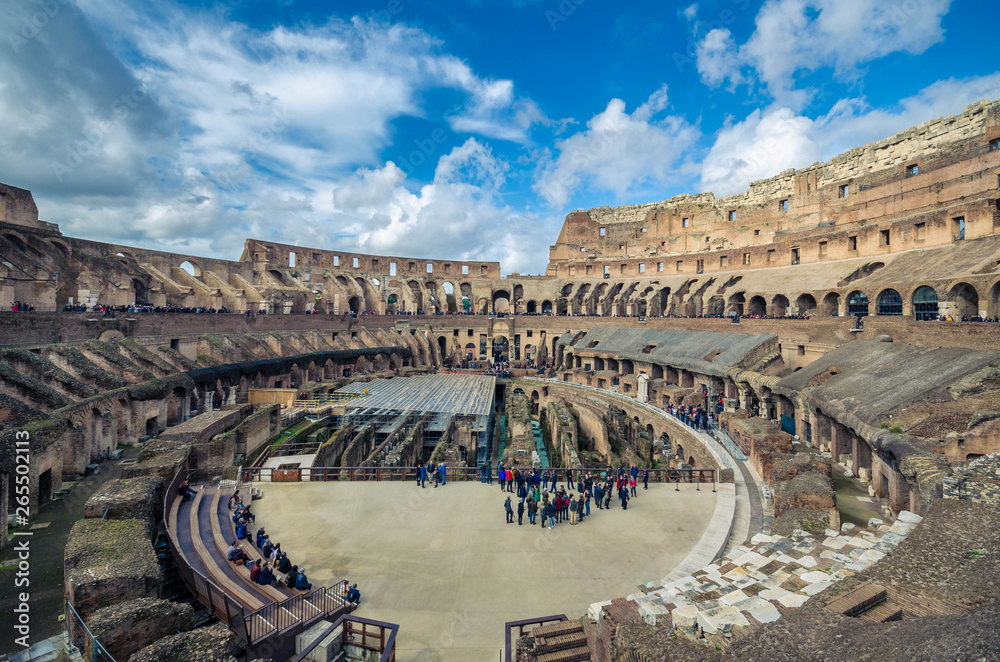 Rome Italy, - Interior view of the Colosseum (Coliseum) known as the Flavian Amphitheatre. Arena and hypogeum. One of the main attractions of the city.