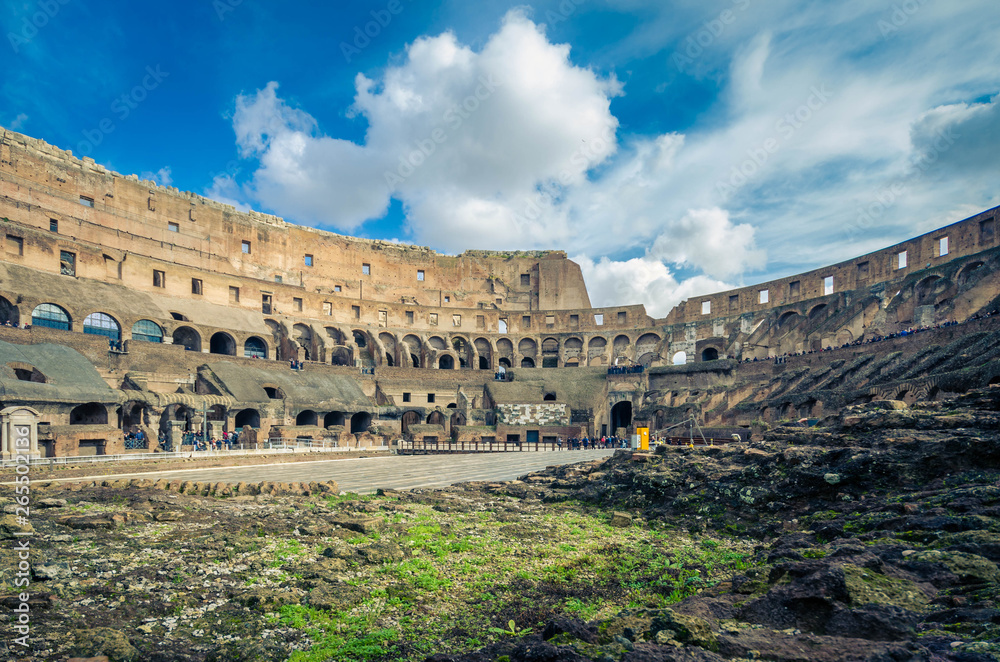 Rome Italy, - Interior view of the Colosseum (Coliseum) known as the Flavian Amphitheatre. Arena and hypogeum. One of the main attractions of the city.