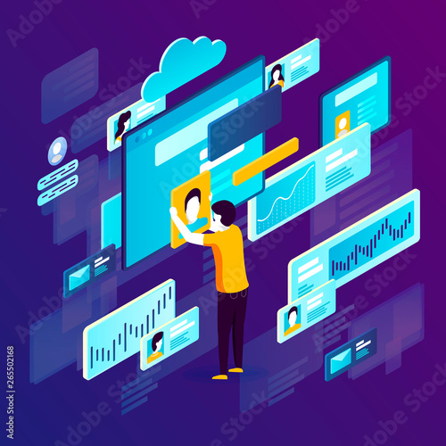 Vector concept illustration -  site creation process. Modern bright banner template with place for your text.
