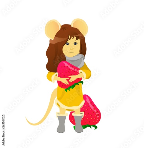 Cartoon rat with a strawberry. Year of the rat. Chinese horoscope. Beauty mouse.