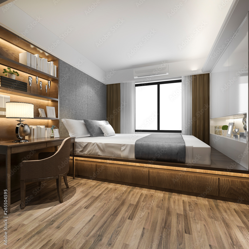 Fototapeta premium 3d rendering beautiful luxury bedroom suite in hotel with tv and working table