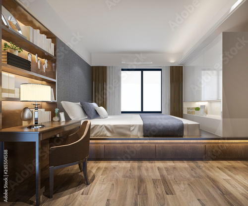 3d rendering beautiful luxury bedroom suite in hotel with tv and working table