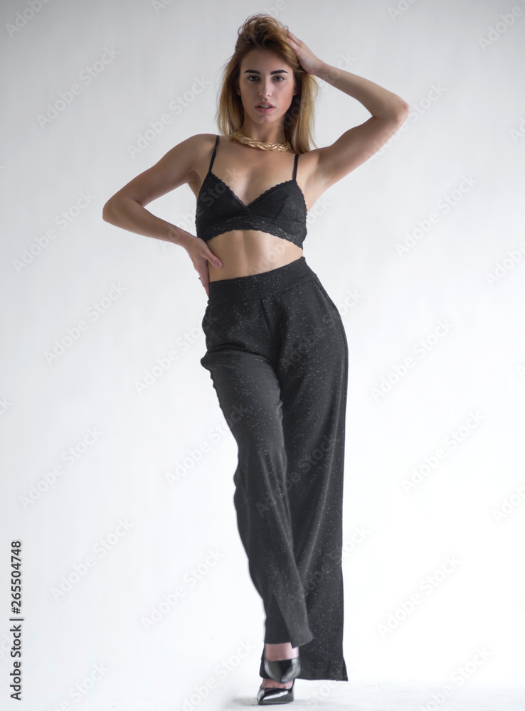 Portrait Young Blond Woman Posing Black Bra Pants Studio Portrait Young Blond Woman Posing Black Bra Pants Studio