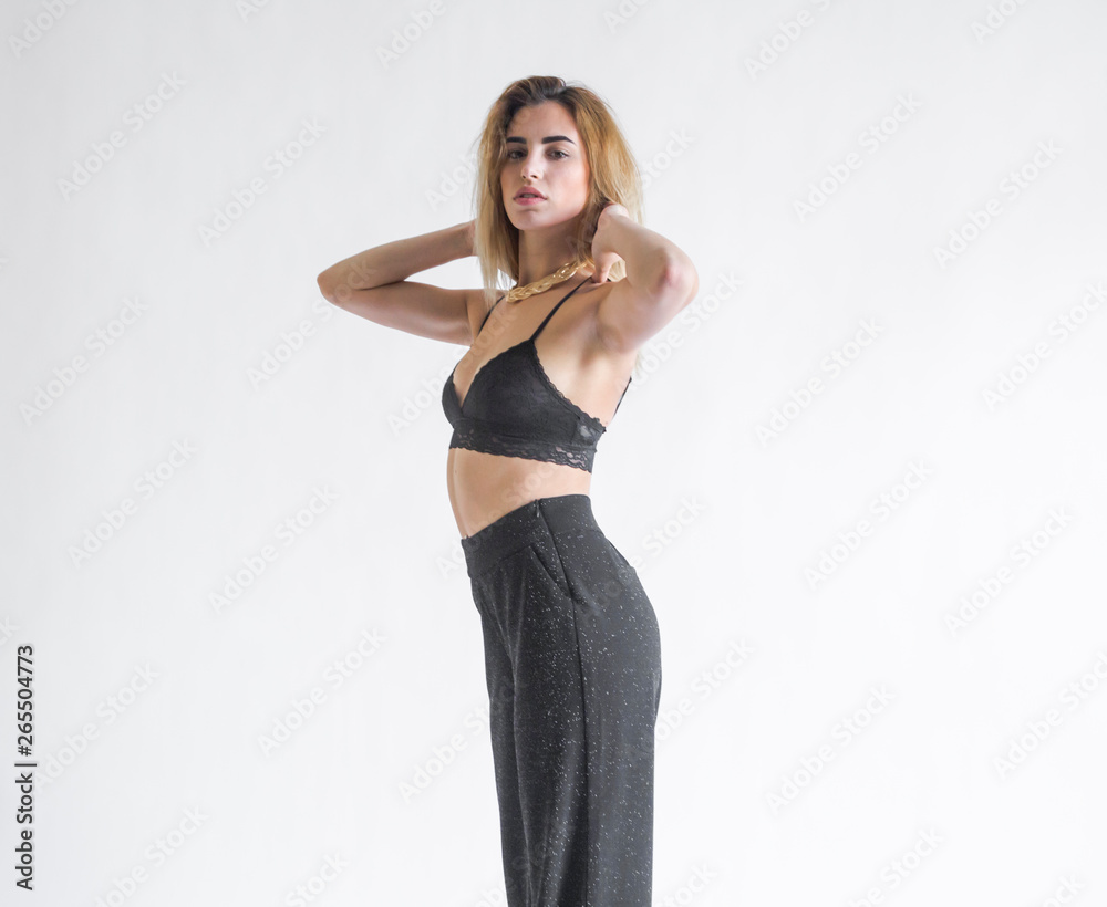 Portrait Young Blond Woman Posing Black Bra Pants Studio Portrait Young Blond Woman Posing Black Bra Pants Studio