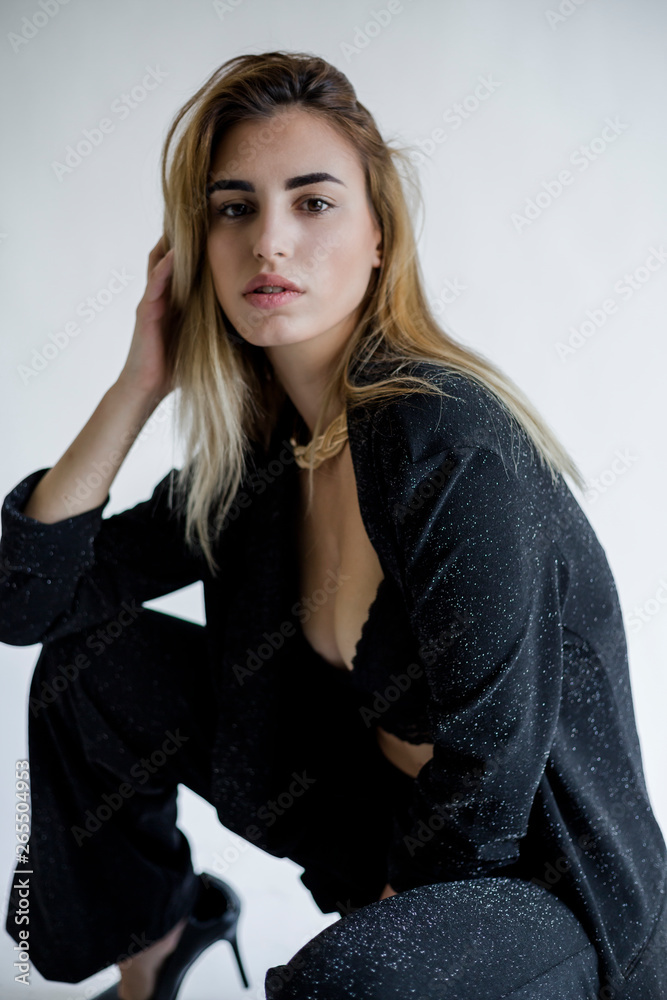 Portrait Young Blond Woman Posing Black Bra Pants Studio Portrait Young Blond Woman Posing Black Bra Pants Studio