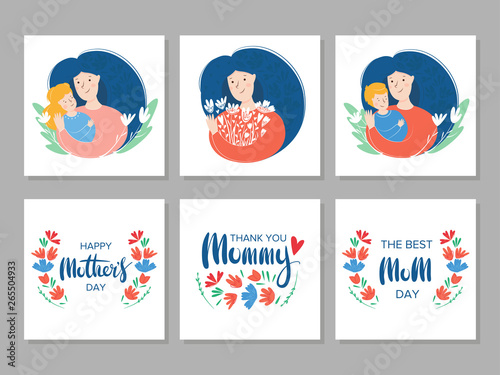 Mother's day card about mother's love and care. Flat illustration. Happy mother's day celebration phrase. Greeting lettering phrase in flowers frame for greeting card. Set of templates for postcards