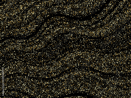 Gold sparkles glitter dust metallic confetti on black vector background.