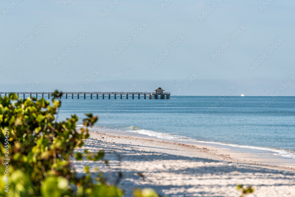 Naples, Florida in gulf of Mexico with Pier wooden jetty and horizon with blue ocean waves and sand in morning during day