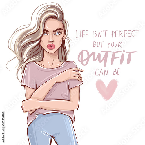 Stylish girl in fashion clothes. Hand drawn beautiful girl.