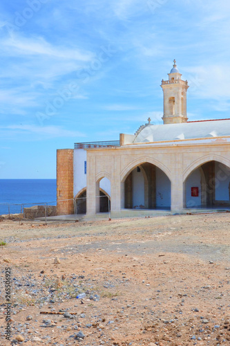 Beautiful view of famous Apostolos Andreas Monastery in Cypriot Karpas Peninsula, Turkish Northern Cyprus. The Orthodox church and a holy place is a popular tourist attraction