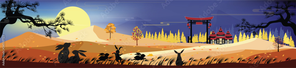 Panorama landscapes of Chinese temple and mountain with happy family of rabbits celebration and looking at full moon, Vector Mid autumn festival for greeting card, banner, poster template background