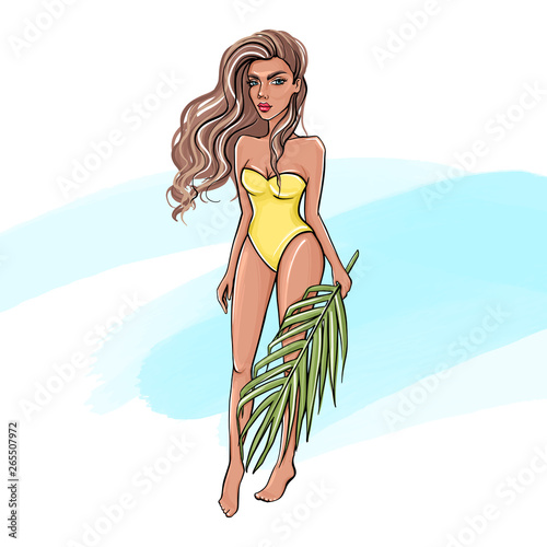 Vector Hand drawn beautiful girl. Young woman in swimsuit.