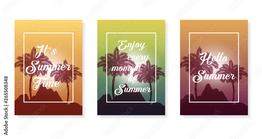Colorful vector poster set. Illustration of palm, summer background. Eps10