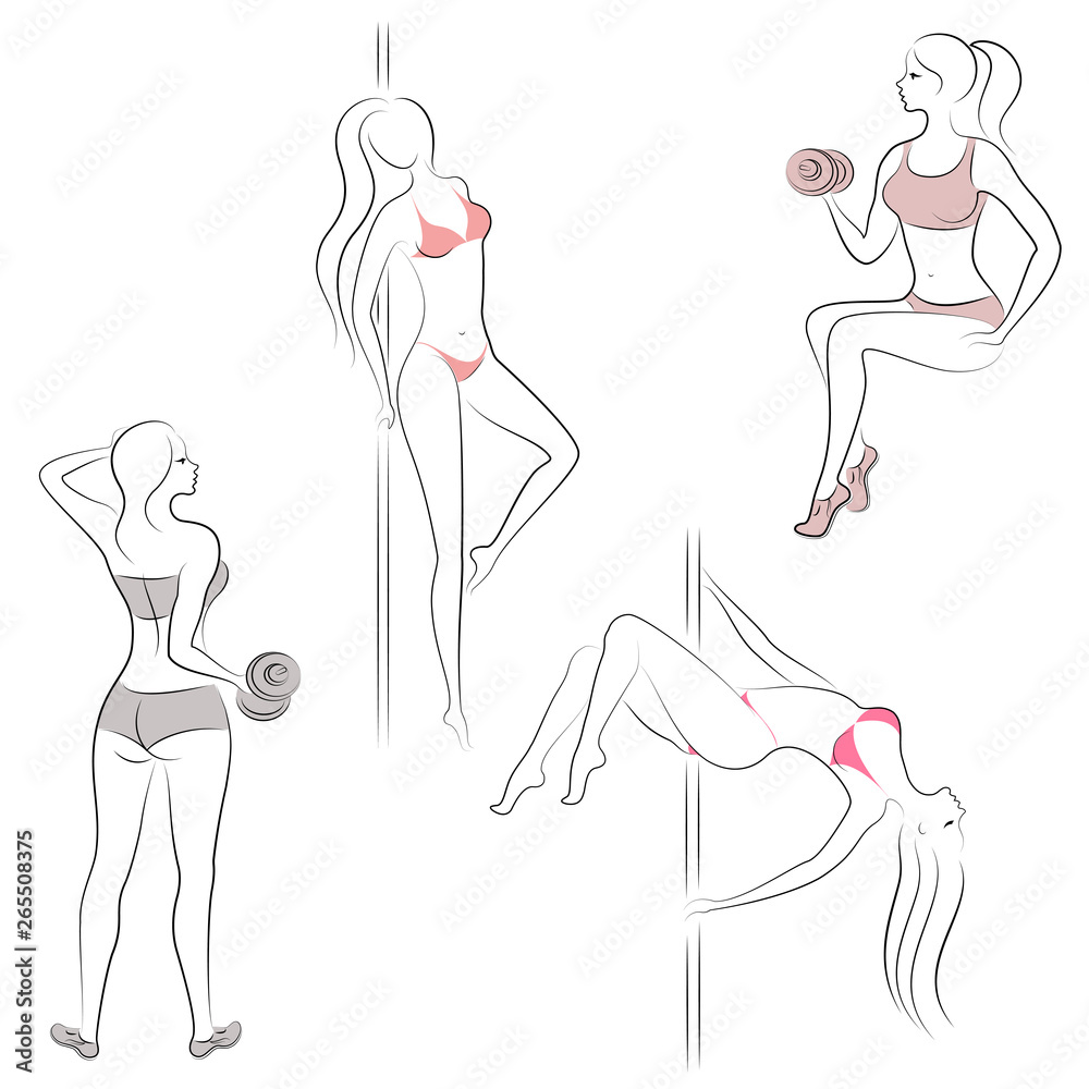 Collection. Silhouettes of lovely ladies. Girls are engaged in fitness dumbbells, dance on a pylon. Women are young and slim, with beautiful figures. Set of vector illustrations Collection. Silhouettes of lovely ladies. Girls are engaged in fitness dumbbells, dance on a pylon. Women are young and slim, with beautiful figures. Set of vector illustrations