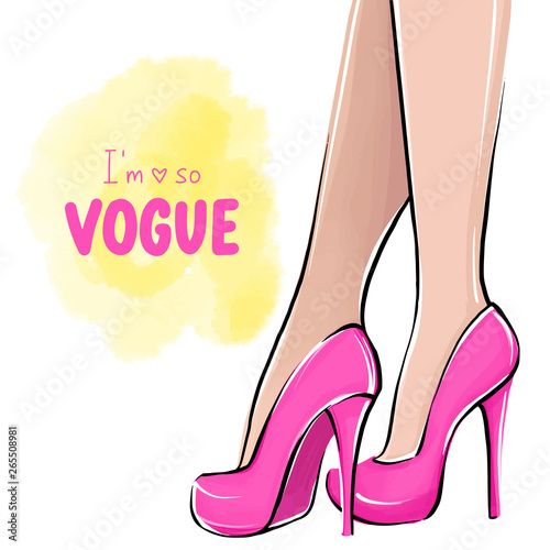 Vector girl in high heels. Fashion illustration. Female legs in pink shoes.