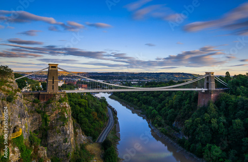 View of clouds moving over the Clifton Suspension Bridge at dusk