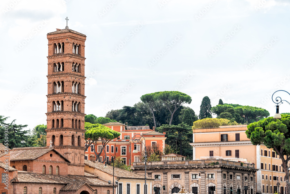 Rome, Italy Historic city with church Bell tower of basilica dei Santi Giovanni e Paolo in Forum Boarium area