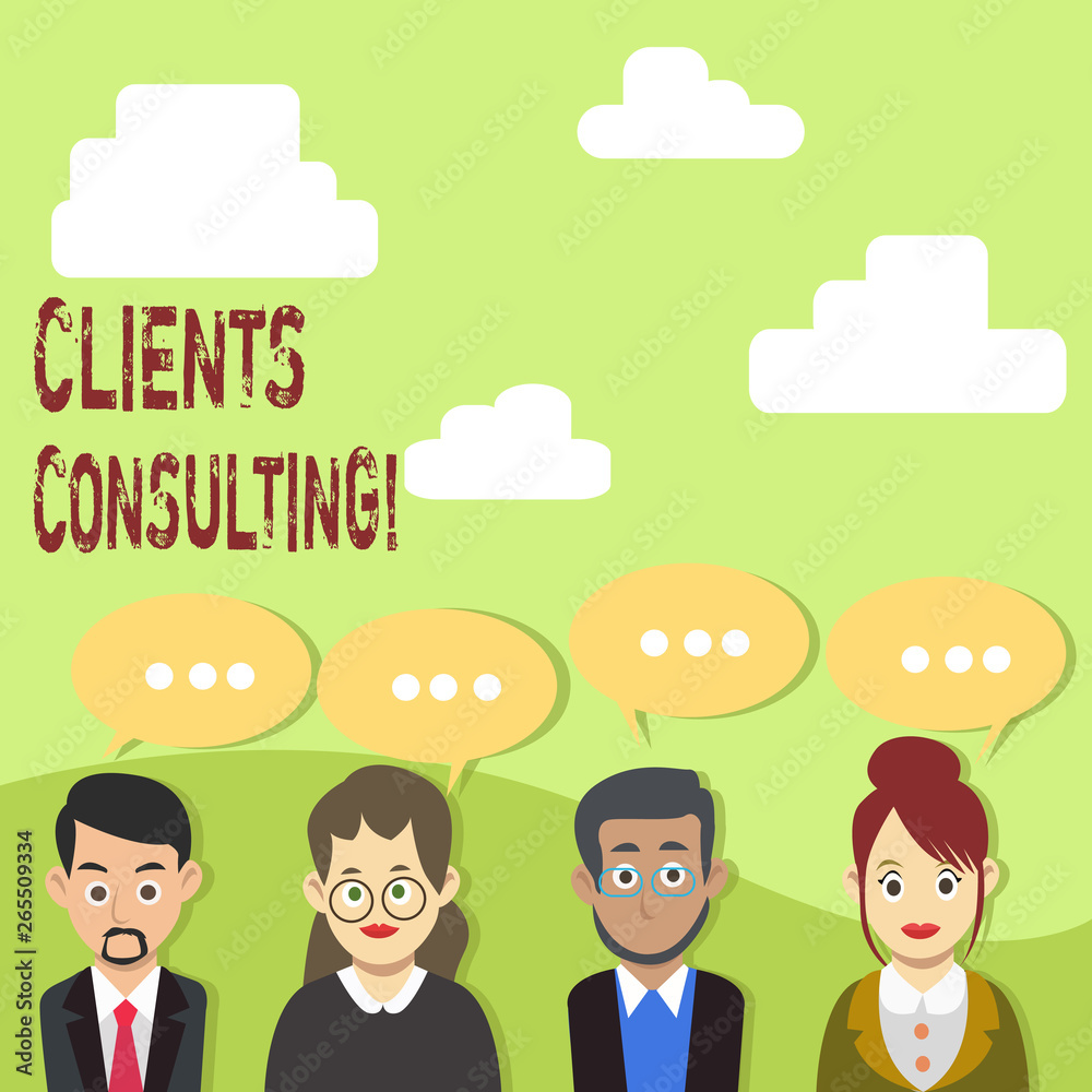 Handwriting text Clients Consulting. Conceptual photo providing of expert knowledge to a third party for a fee Group of Business People with Blank Color Chat Speech Bubble with Three Dots Handwriting text Clients Consulting. Conceptual photo providing of expert knowledge to a third party for a fee Group of Business People with Blank Color Chat Speech Bubble with Three Dots