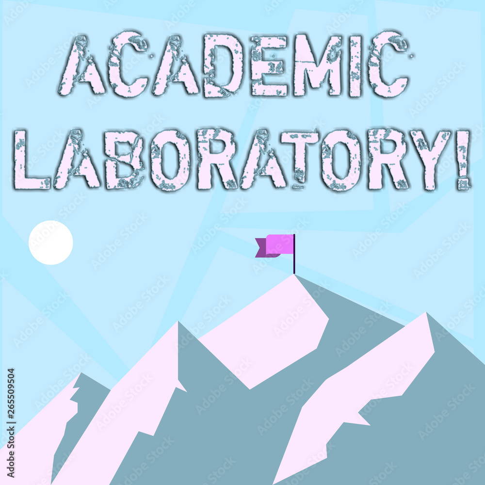 Word writing text Academic Laboratory. Business photo showcasing where students can go to receive academic support Mountains with Shadow Indicating Time of Day and Flag Banner on One Peak