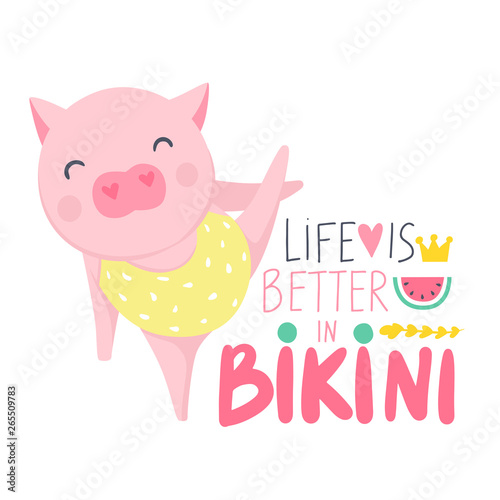 Cute vector pig. Cartoon illustration with funny animal.