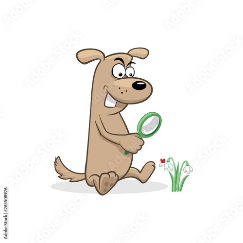 Dog magnifying glass snowdrop ladybug vector illustration