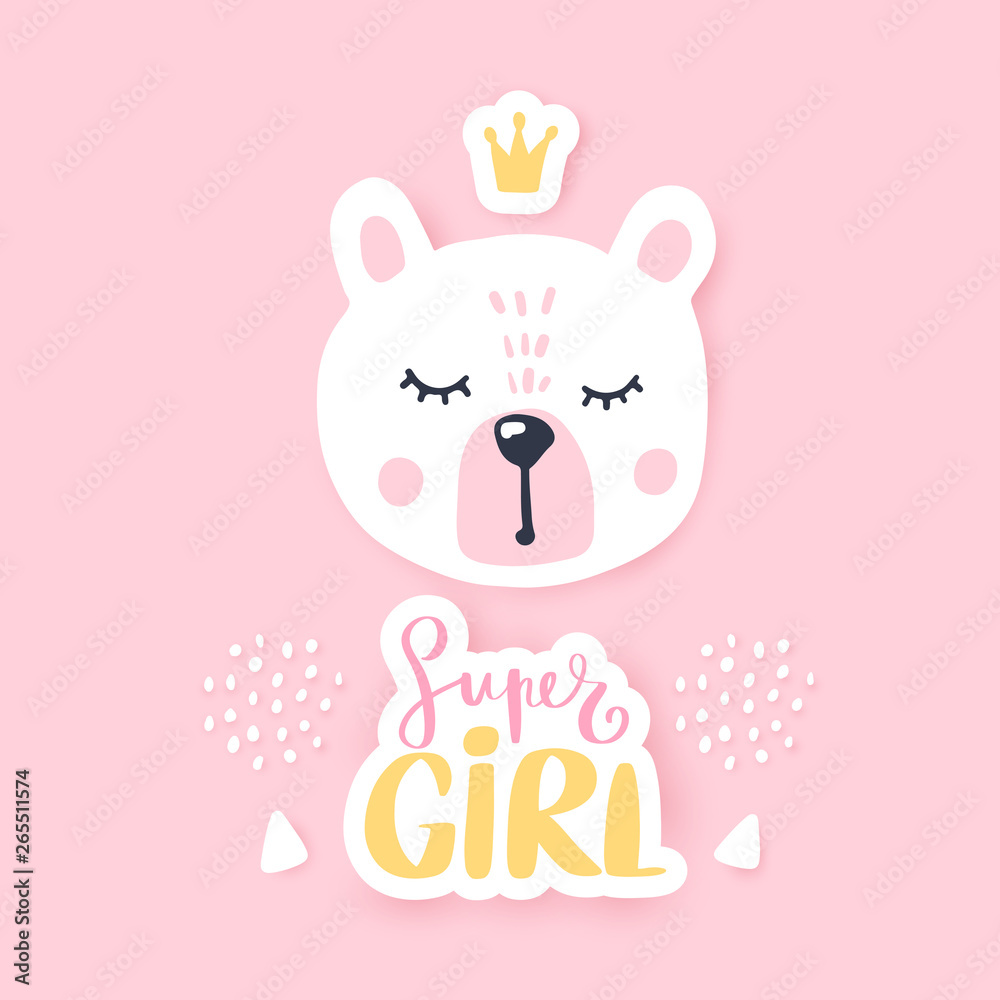 Vector Happy bear girl with crown. Awesome teddy bear. Doodle kids animals print. Vector Happy bear girl with crown. Awesome teddy bear. Doodle kids animals print.