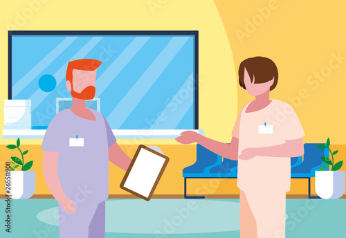 male medicine workers in clinic reception